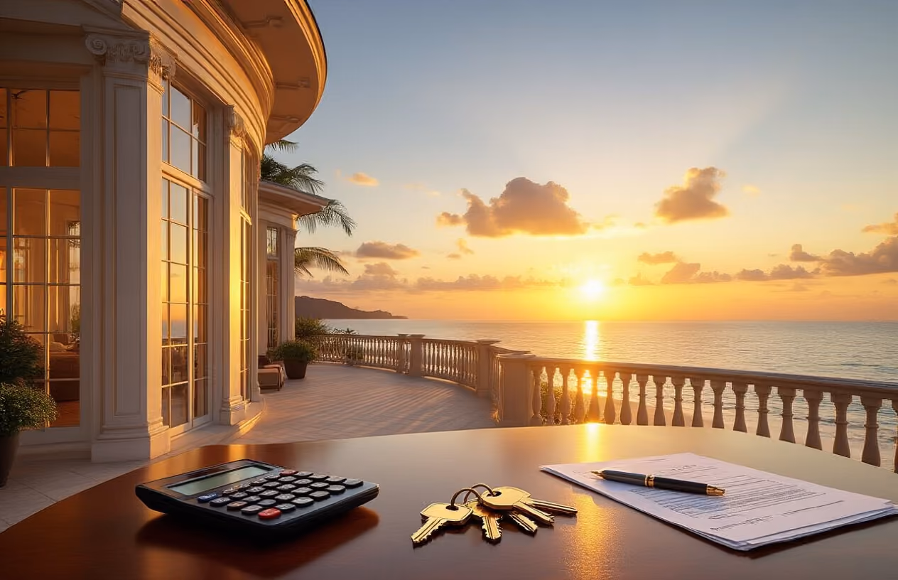 Create a realistic image of a luxurious beachfront vacation home with elegant architecture featuring large windows and a wraparound deck, with multiple sets of house keys arranged on a polished wooden table in the foreground, a calculator and financial documents nearby, golden sunset lighting creating warm reflections on the windows, and a serene ocean view in the background that emphasizes the premium property's value and accessibility through shared ownership, absolutely NO text should be in the scene.