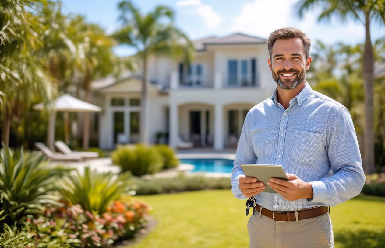 Create a realistic image of a professional white male property manager in a crisp button-down shirt and khakis standing confidently in front of a beautiful vacation home, holding a tablet and keys, with a well-maintained landscape featuring manicured gardens, clean pool area, and spotless exterior in the background, bright daylight with clear blue sky creating a welcoming and stress-free atmosphere that conveys expert care and maintenance, absolutely NO text should be in the scene.