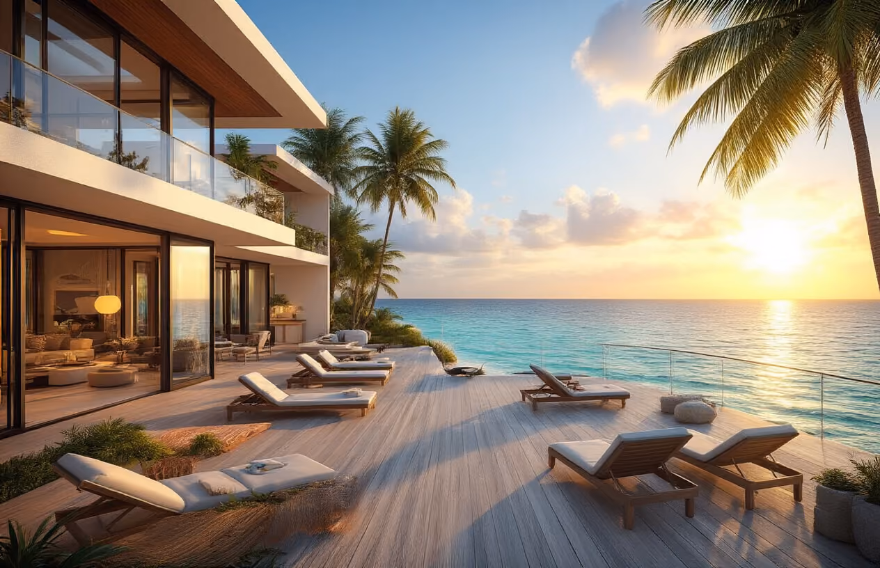 Create a realistic image of a luxurious beachfront vacation home with modern architecture featuring large glass windows and a spacious deck overlooking turquoise ocean waters, with multiple lounge chairs and outdoor furniture arranged on a wooden deck suggesting shared enjoyment, golden hour lighting creating a warm and inviting atmosphere, palm trees swaying gently in the background, and a sense of accessible luxury and relaxation that conveys successful co-ownership investment, absolutely NO text should be in the scene.