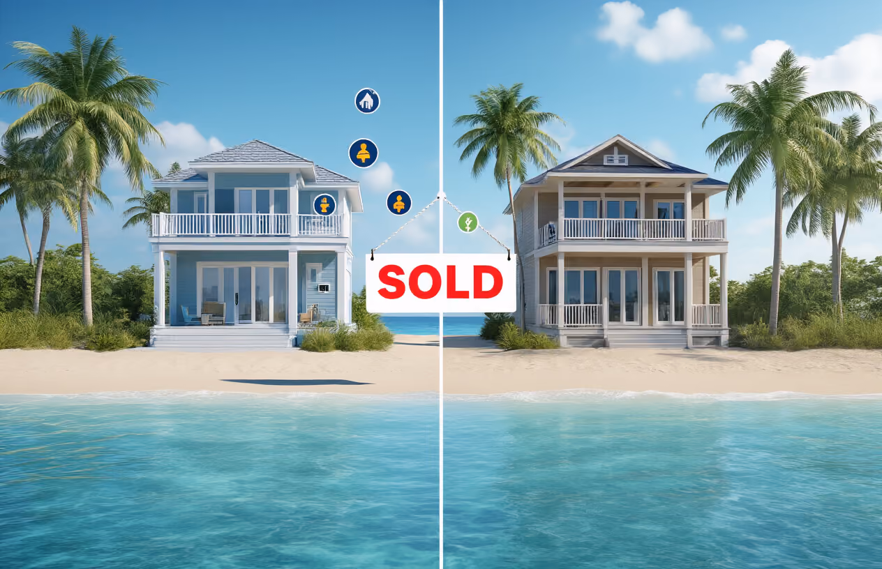 Create a realistic image of a split-screen comparison showing two vacation homes side by side, with the left side depicting a single beautiful beachfront house with a "SOLD" sign and price tag showing a high dollar amount, while the right side shows the same type of property with multiple small key icons or ownership symbols floating above it representing shared ownership, set against a coastal background with palm trees and blue ocean, bright daylight with clear skies creating an optimistic mood, absolutely NO text should be in the scene.