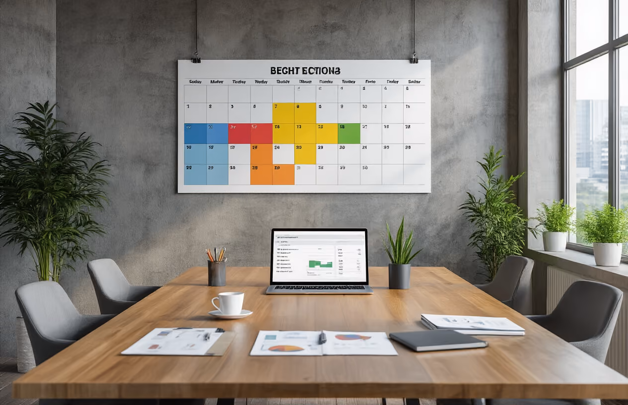 Create a realistic image of a modern wooden conference table with a large wall calendar showing different colored blocks representing scheduled vacation periods, alongside organized planning documents and a laptop displaying a scheduling interface, set in a bright contemporary office space with natural lighting from large windows, creating a professional and organized atmosphere that conveys fair time-sharing coordination. Absolutely NO text should be in the scene.