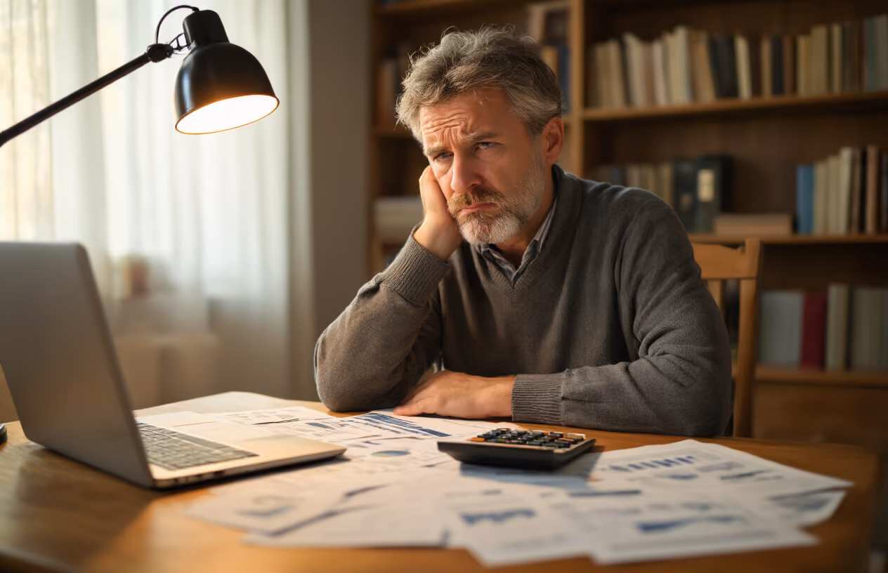 Create a realistic image of a concerned middle-aged white male sitting at a wooden desk with documents, calculator, and laptop spread out, looking thoughtfully at financial papers with a slightly worried expression, warm indoor lighting from a desk lamp, cozy home office background with bookshelves, representing careful consideration of investment challenges, absolutely NO text should be in the scene.