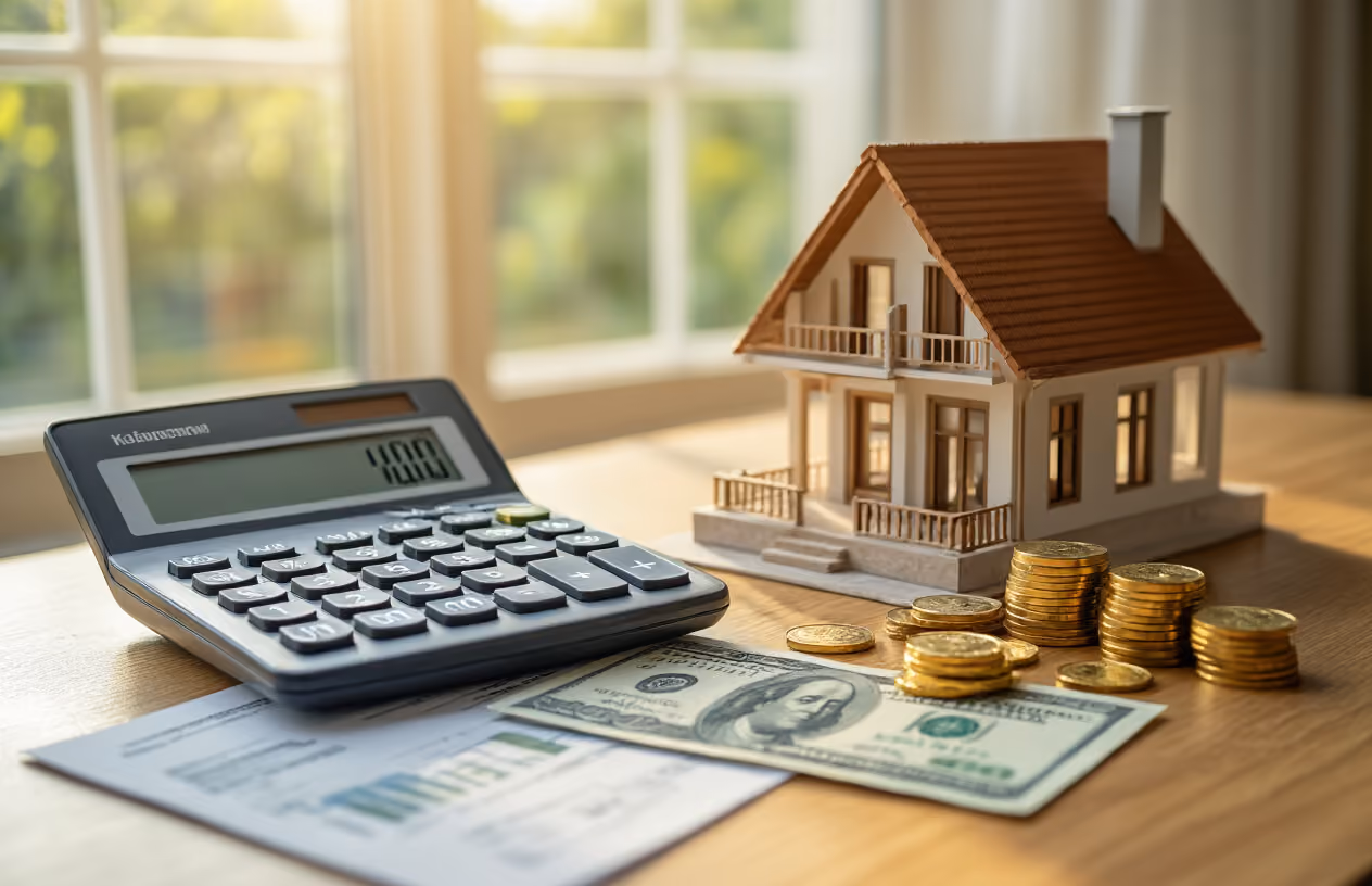 Create a realistic image of a modern calculator and financial documents spread on a wooden desk next to a small architectural model of a luxury vacation home, with golden coins and dollar bills arranged nearby, soft natural lighting from a window creating warm shadows, clean and organized composition suggesting financial planning and affordability, absolutely NO text should be in the scene.