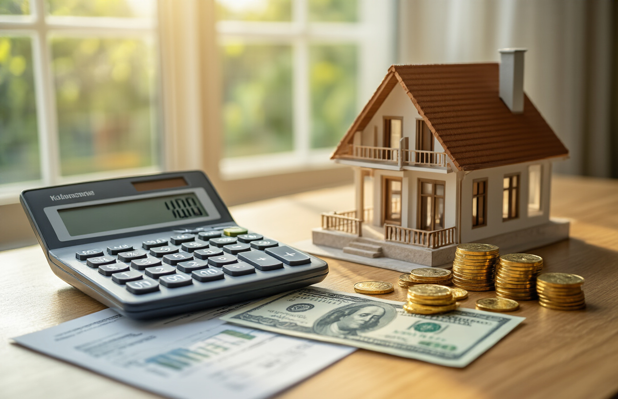 Create a realistic image of a modern calculator and financial documents spread on a wooden desk next to a small architectural model of a luxury vacation home, with golden coins and dollar bills arranged nearby, soft natural lighting from a window creating warm shadows, clean and organized composition suggesting financial planning and affordability, absolutely NO text should be in the scene.
