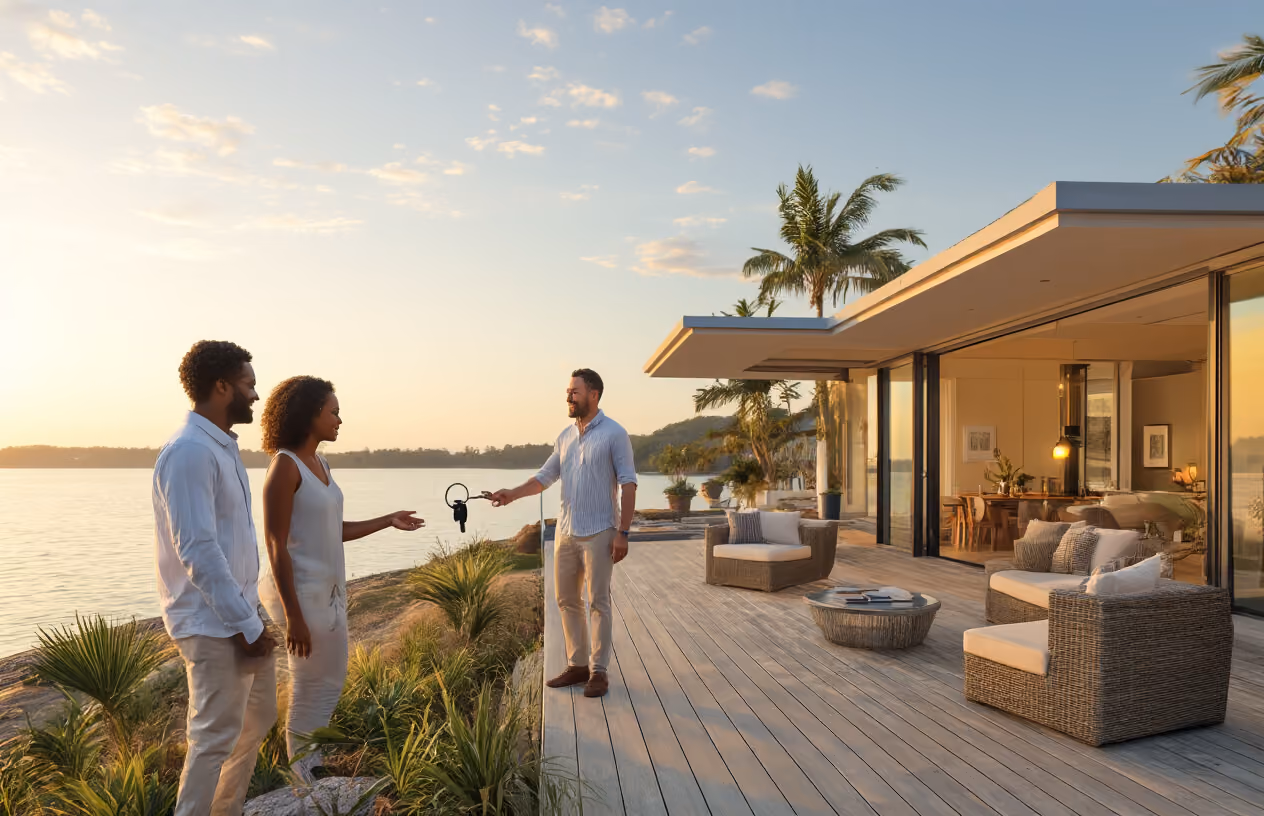 Create a realistic image of a beautiful vacation home with a modern architectural design situated near a serene lake or ocean coastline, featuring a diverse group of people including a white male and black female standing on the deck looking satisfied and relaxed, with warm golden hour lighting casting a welcoming glow over the property, keys being exchanged between hands in the foreground symbolizing shared ownership, luxury outdoor furniture on a spacious deck, lush landscaping, and a peaceful water view in the background creating an aspirational yet attainable atmosphere that conveys the success and accessibility of fractional vacation home ownership. Absolutely NO text should be in the scene.