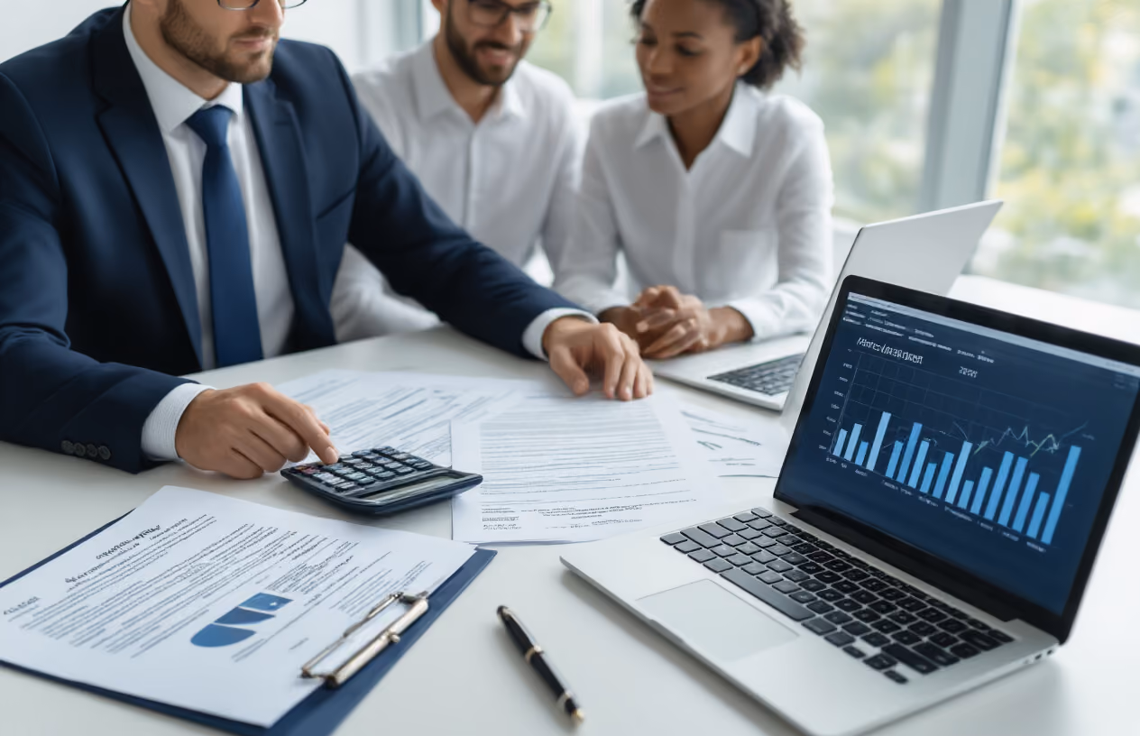 Create a realistic image of a modern office desk scene with legal documents spread out, including contracts and financial paperwork, alongside a calculator, pen, and laptop computer showing financial charts, with a professional white male financial advisor in a business suit sitting across from a diverse couple (black female and white male) reviewing the documents together, set in a bright, well-lit office environment with natural lighting from large windows, conveying a professional consultation atmosphere about property investment decisions, absolutely NO text should be in the scene.