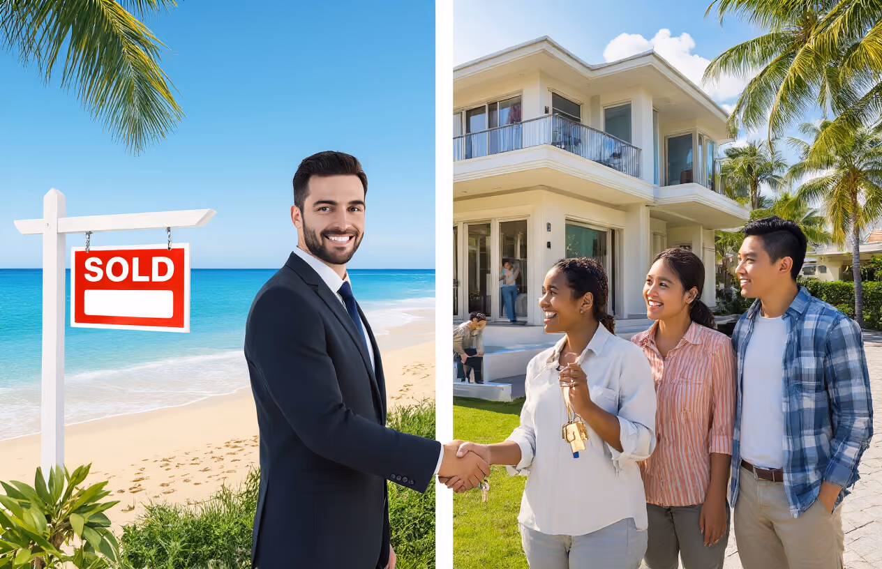 Create a realistic image of a split-screen comparison showing two different vacation home ownership scenarios: on the left side, a luxurious beachfront vacation home with a "SOLD" sign and a white male real estate agent in a suit shaking hands with a white female buyer holding house keys, representing traditional full ownership; on the right side, the same style vacation home with multiple diverse people (a black male, white female, and Asian male) standing together looking at the property with friendly expressions, representing fractional ownership where multiple parties share the home, with a bright sunny day, clear blue sky, and palm trees in the background creating an aspirational mood, absolutely NO text should be in the scene.