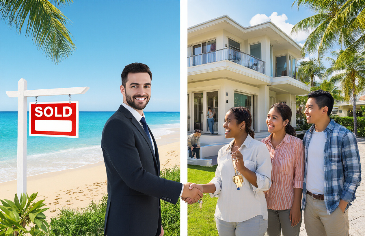 Create a realistic image of a split-screen comparison showing two different vacation home ownership scenarios: on the left side, a luxurious beachfront vacation home with a "SOLD" sign and a white male real estate agent in a suit shaking hands with a white female buyer holding house keys, representing traditional full ownership; on the right side, the same style vacation home with multiple diverse people (a black male, white female, and Asian male) standing together looking at the property with friendly expressions, representing fractional ownership where multiple parties share the home, with a bright sunny day, clear blue sky, and palm trees in the background creating an aspirational mood, absolutely NO text should be in the scene.