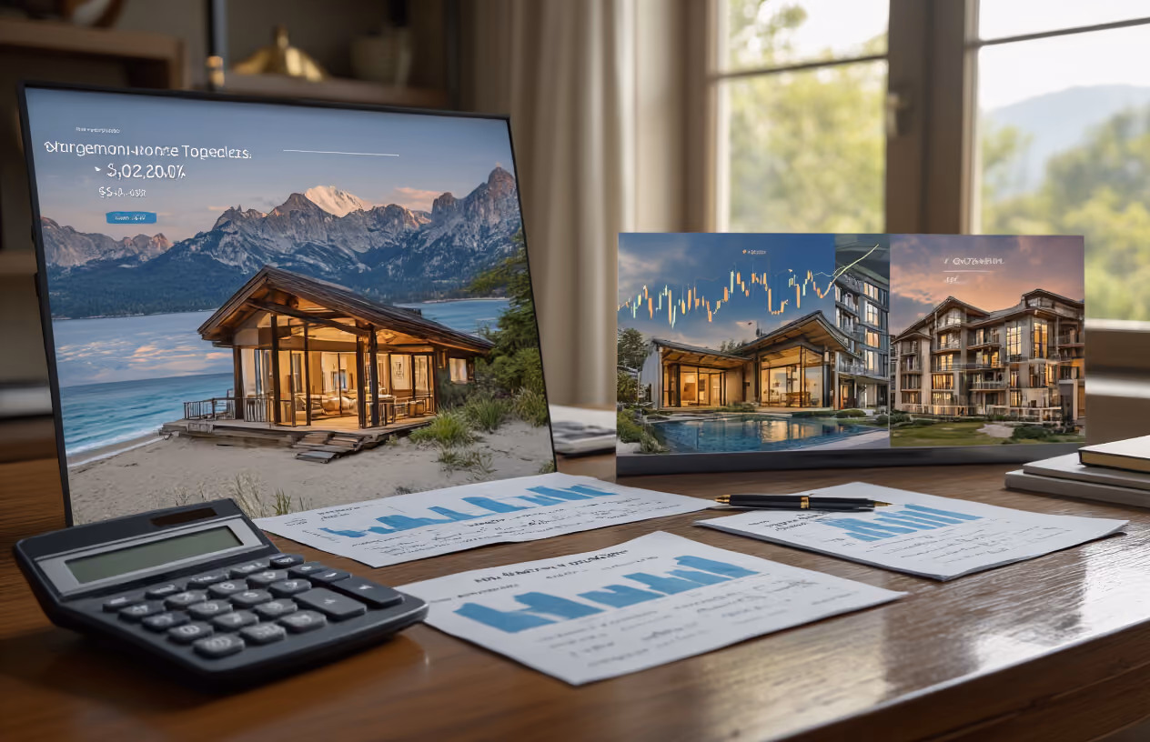 Create a realistic image of a sophisticated investment portfolio visualization showing diverse vacation home properties including a beachfront villa, mountain cabin, and urban apartment, displayed as elegant property photos arranged on a polished wooden desk alongside financial charts, graphs showing upward growth trends, and a calculator, with soft natural lighting from a nearby window creating a professional and optimistic atmosphere, absolutely NO text should be in the scene.