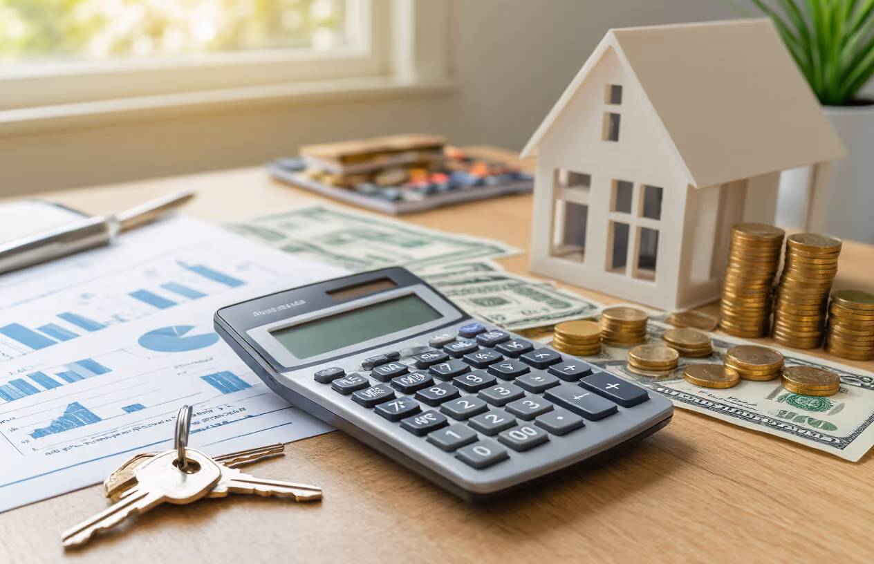 Create a realistic image of a modern calculator displaying financial calculations surrounded by house keys, dollar bills, and coins on a clean wooden desk surface, with a miniature house model and financial documents showing charts and graphs in the background, captured in bright natural lighting from a window, conveying a sense of smart financial planning and home ownership benefits, absolutely NO text should be in the scene.