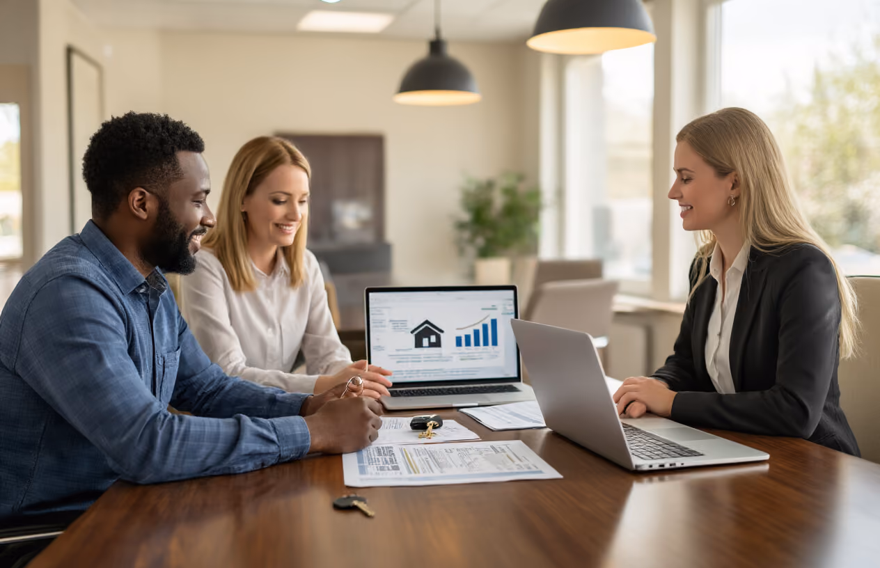 Create a realistic image of a modern bank or mortgage office interior with a professional white female loan officer sitting across from a diverse couple (black male and white female) at a polished wooden desk, mortgage application documents and a house key prominently displayed on the desk surface, a laptop computer open showing financial charts, warm professional lighting from overhead fixtures, contemporary office furniture and decor in the background, the scene conveying a positive and successful mortgage approval meeting atmosphere, absolutely NO text should be in the scene.