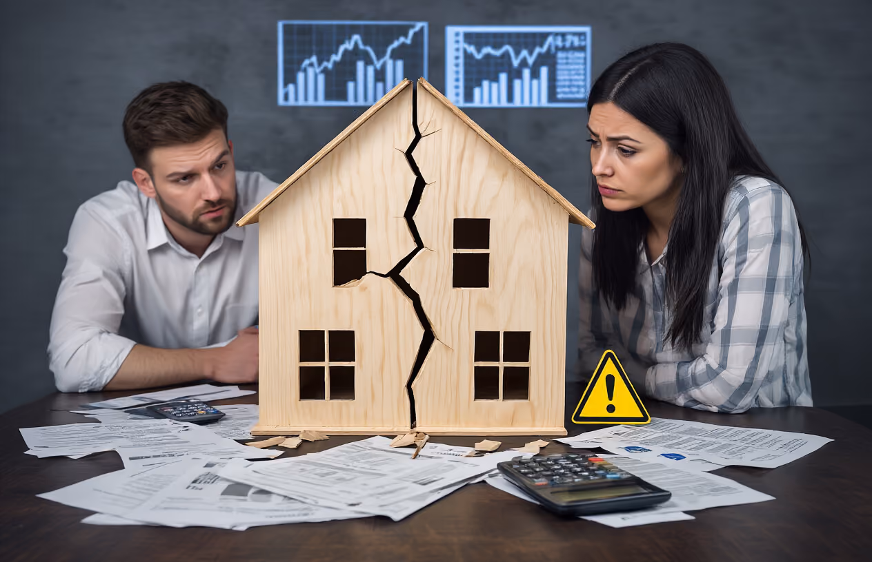 Create a realistic image of a split wooden house model with visible cracks down the middle, surrounded by scattered legal documents, calculator, and warning symbols, with a concerned white male and black female looking at the broken model on a dark wooden table, moody lighting with shadows emphasizing the tension and uncertainty, background showing blurred financial charts with declining trends, absolutely NO text should be in the scene.
