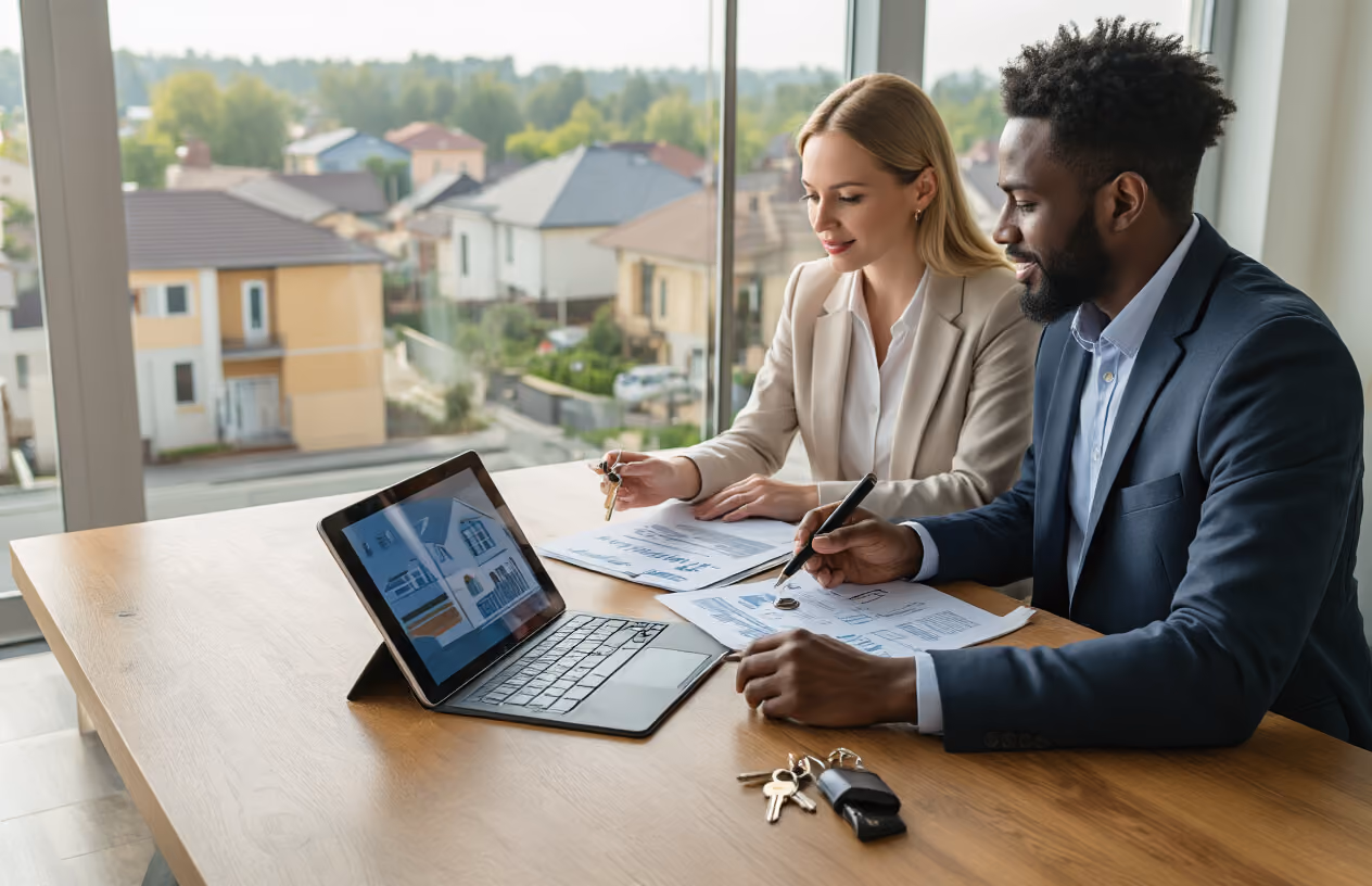 Create a realistic image of a modern conference room with a polished wooden table displaying property documents, house keys, and a tablet showing property transfer charts, with two diverse professionals - a white female real estate attorney and a black male financial advisor - reviewing paperwork together, bright natural lighting streaming through large windows overlooking suburban homes, conveying a professional and strategic atmosphere, absolutely NO text should be in the scene.