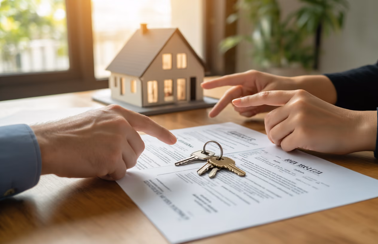 Create a realistic image of multiple house keys on a wooden table with property documents and contracts spread around them, showing two pairs of hands - one belonging to a white male and another to a black female - pointing at different sections of the paperwork, with a beautiful modern house model in the background, warm natural lighting streaming through a window, creating a professional yet approachable atmosphere that conveys collaborative property investment and shared ownership concepts, absolutely NO text should be in the scene.