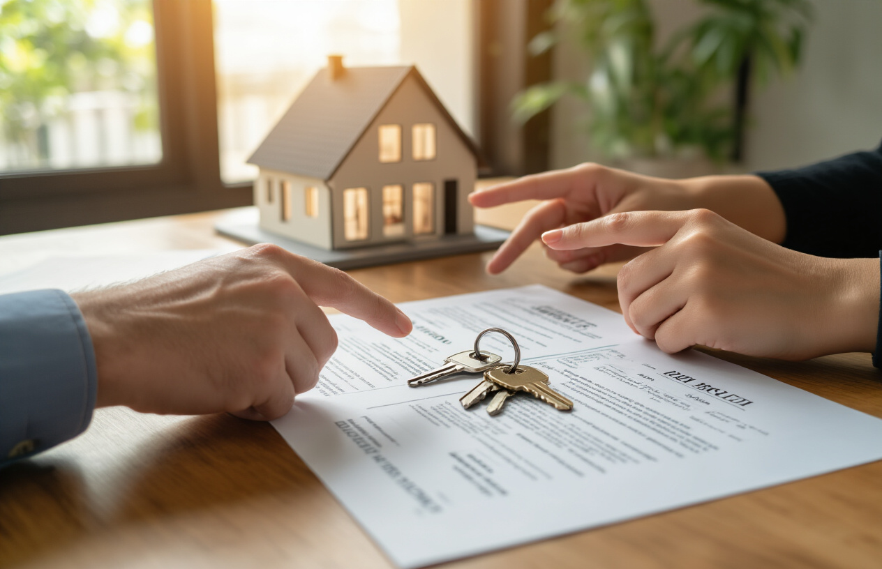 Create a realistic image of multiple house keys on a wooden table with property documents and contracts spread around them, showing two pairs of hands - one belonging to a white male and another to a black female - pointing at different sections of the paperwork, with a beautiful modern house model in the background, warm natural lighting streaming through a window, creating a professional yet approachable atmosphere that conveys collaborative property investment and shared ownership concepts, absolutely NO text should be in the scene.