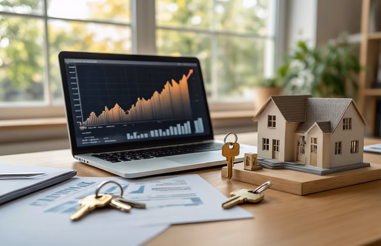Create a realistic image of a modern real estate office or housing market scene showing an upward trending graph or chart displayed on a laptop screen or tablet, with house keys, property documents, and miniature house models arranged on a clean wooden desk, warm natural lighting streaming through windows, professional atmosphere suggesting growth and opportunity in the housing market, absolutely NO text should be in the scene.