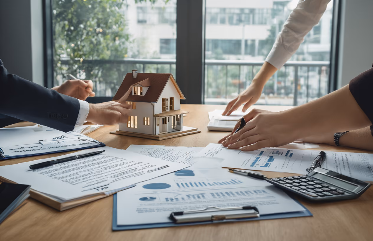 Create a realistic image of a modern conference table with organized documents, legal papers, and a house model placed strategically across the surface, surrounded by professional items like pens, calculators, and folders, with two pairs of hands visible reaching across the table in a collaborative gesture, set in a bright, well-lit office environment with large windows in the background, conveying a sense of partnership and professional planning, absolutely NO text should be in the scene.