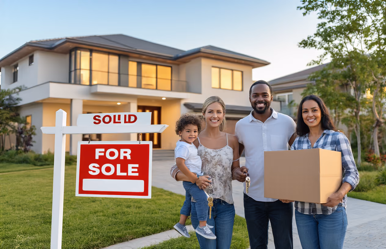 Create a realistic image of a modern residential property with a large house featuring a beautiful front yard and driveway, with two different families standing together in front of the home - one family consisting of a white male and female in their 30s with a young child, and another family with a black male and female in their 40s, all appearing friendly and collaborative while holding house keys, surrounded by moving boxes and a "SOLD" real estate sign in the foreground, with warm golden hour lighting creating an optimistic and successful atmosphere, green landscaping and a clear blue sky in the background, conveying partnership, achievement, and smart homeownership decisions, absolutely NO text should be in the scene.