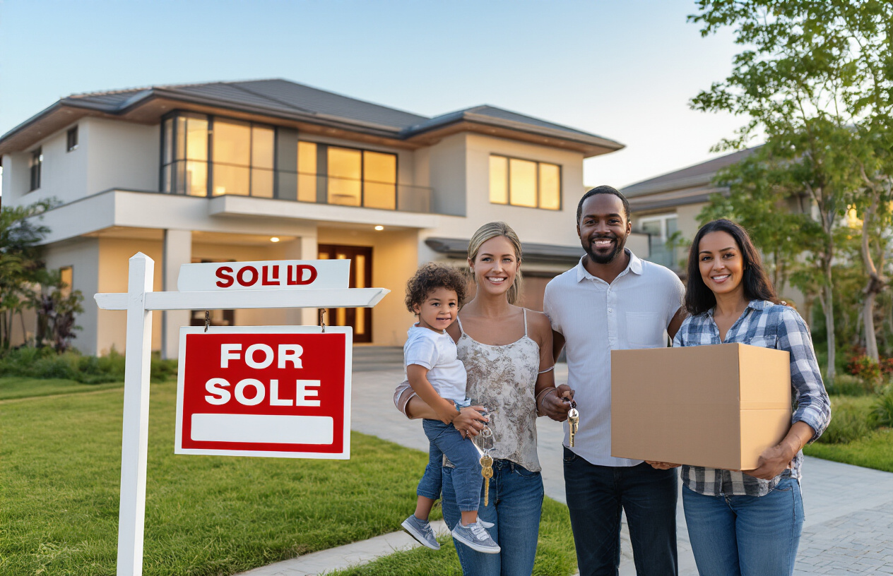 Create a realistic image of a modern residential property with a large house featuring a beautiful front yard and driveway, with two different families standing together in front of the home - one family consisting of a white male and female in their 30s with a young child, and another family with a black male and female in their 40s, all appearing friendly and collaborative while holding house keys, surrounded by moving boxes and a "SOLD" real estate sign in the foreground, with warm golden hour lighting creating an optimistic and successful atmosphere, green landscaping and a clear blue sky in the background, conveying partnership, achievement, and smart homeownership decisions, absolutely NO text should be in the scene.