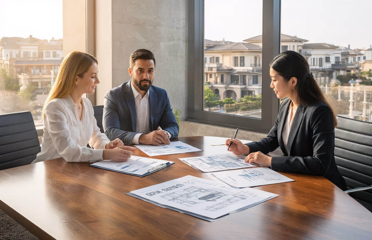 Create a realistic image of a modern office conference room with a polished wooden table displaying professional documents, property layouts, and co-ownership agreements, featuring a diverse group of real estate professionals including a white female property manager, a black male lawyer, and an Asian female financial advisor discussing management strategies, with a large window showing luxury residential properties in the background, warm natural lighting creating a professional and trustworthy atmosphere, absolutely NO text should be in the scene.