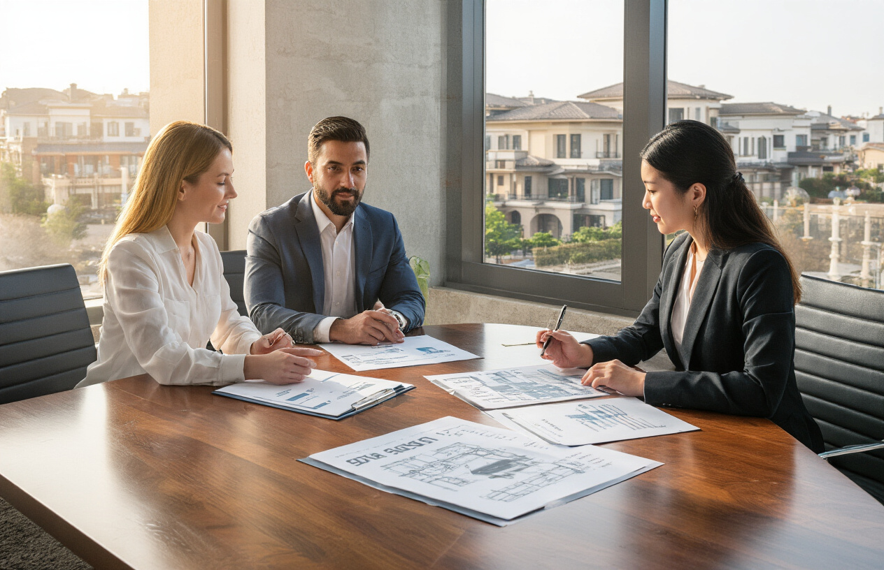 Create a realistic image of a modern office conference room with a polished wooden table displaying professional documents, property layouts, and co-ownership agreements, featuring a diverse group of real estate professionals including a white female property manager, a black male lawyer, and an Asian female financial advisor discussing management strategies, with a large window showing luxury residential properties in the background, warm natural lighting creating a professional and trustworthy atmosphere, absolutely NO text should be in the scene.