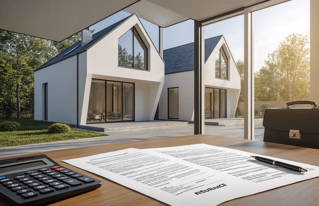 Create a realistic image of a modern house with a distinctive split design showing two connected but separate living units, with insurance documents and policy papers spread on a wooden table in the foreground, a calculator and pen nearby, and a professional insurance agent's briefcase partially visible, set in a bright, well-lit home office environment with large windows showing the co-owned property in the background, conveying a serious and organized business atmosphere, absolutely NO text should be in the scene.
