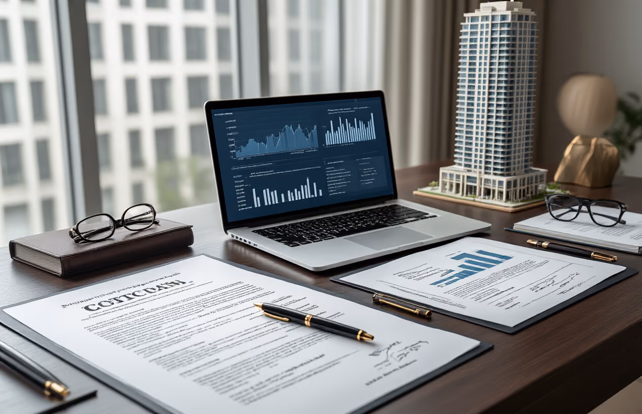 Create a realistic image of a modern office desk with organized legal documents, contracts, and property agreements spread across a dark wood surface, alongside a sleek laptop displaying financial charts, a luxury pen, reading glasses, and a small model of a Miami high-rise building in the background, with soft natural lighting from a window creating a professional business atmosphere, absolutely NO text should be in the scene.