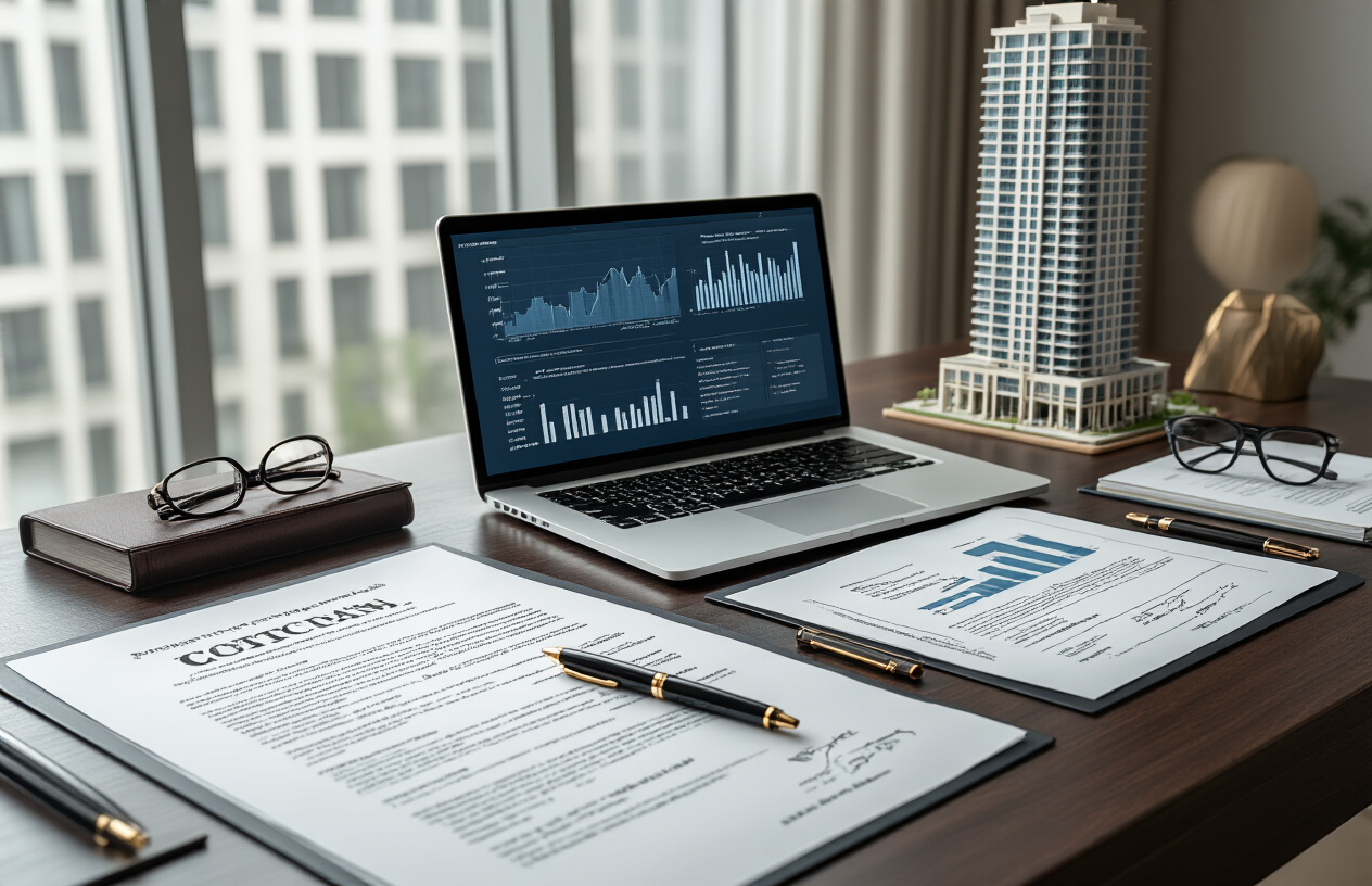 Create a realistic image of a modern office desk with organized legal documents, contracts, and property agreements spread across a dark wood surface, alongside a sleek laptop displaying financial charts, a luxury pen, reading glasses, and a small model of a Miami high-rise building in the background, with soft natural lighting from a window creating a professional business atmosphere, absolutely NO text should be in the scene.