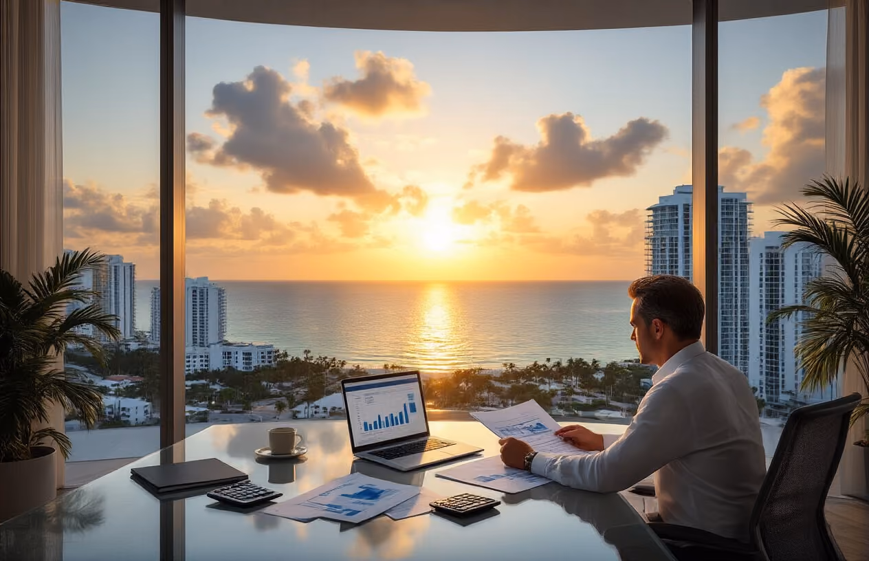 Create a realistic image of a professional white male in his 40s sitting at a modern glass desk reviewing documents and financial charts, with a stunning Miami oceanfront skyline visible through floor-to-ceiling windows in the background, featuring luxury high-rise condominiums and palm trees, warm golden hour lighting creating a sophisticated business atmosphere, a laptop computer and calculator on the desk alongside property brochures, conveying a sense of informed decision-making and successful real estate investment planning, absolutely NO text should be in the scene.