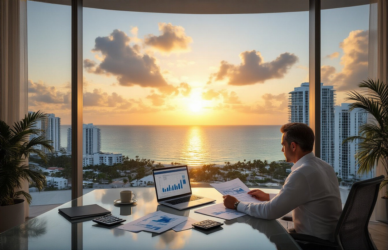 Create a realistic image of a professional white male in his 40s sitting at a modern glass desk reviewing documents and financial charts, with a stunning Miami oceanfront skyline visible through floor-to-ceiling windows in the background, featuring luxury high-rise condominiums and palm trees, warm golden hour lighting creating a sophisticated business atmosphere, a laptop computer and calculator on the desk alongside property brochures, conveying a sense of informed decision-making and successful real estate investment planning, absolutely NO text should be in the scene.