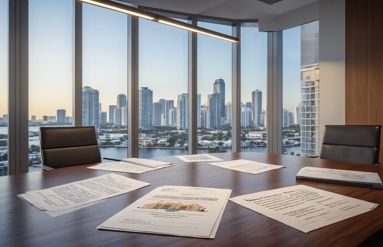 Create a realistic image of a modern law office conference room with legal documents and contracts spread across a polished wooden table, featuring property ownership charts and Miami real estate folders, with a view of Miami's downtown skyline through large windows in the background, professional lighting illuminating the legal paperwork, absolutely NO text should be in the scene.
