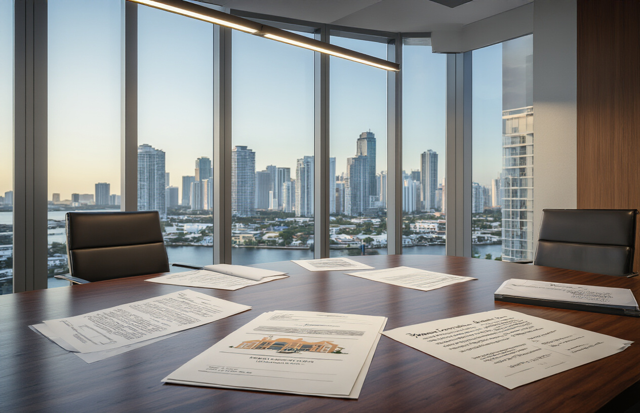 Create a realistic image of a modern law office conference room with legal documents and contracts spread across a polished wooden table, featuring property ownership charts and Miami real estate folders, with a view of Miami's downtown skyline through large windows in the background, professional lighting illuminating the legal paperwork, absolutely NO text should be in the scene.