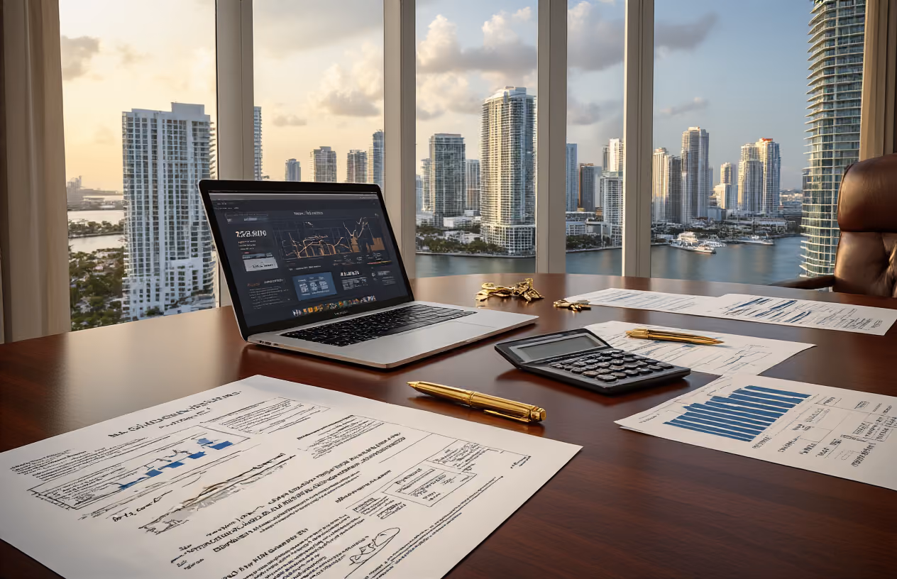 Create a realistic image of a sophisticated real estate office scene featuring a polished mahogany conference table with multiple property documents, legal contracts, and financial charts spread across the surface, with a sleek laptop displaying property market analytics, elegant gold pen, calculator, and keys to luxury properties, set against floor-to-ceiling windows overlooking Miami's downtown skyline with modern high-rise buildings and waterfront views, featuring warm natural lighting streaming through the windows creating a professional and upscale atmosphere that conveys successful real estate transactions and investment opportunities, absolutely NO text should be in the scene.
