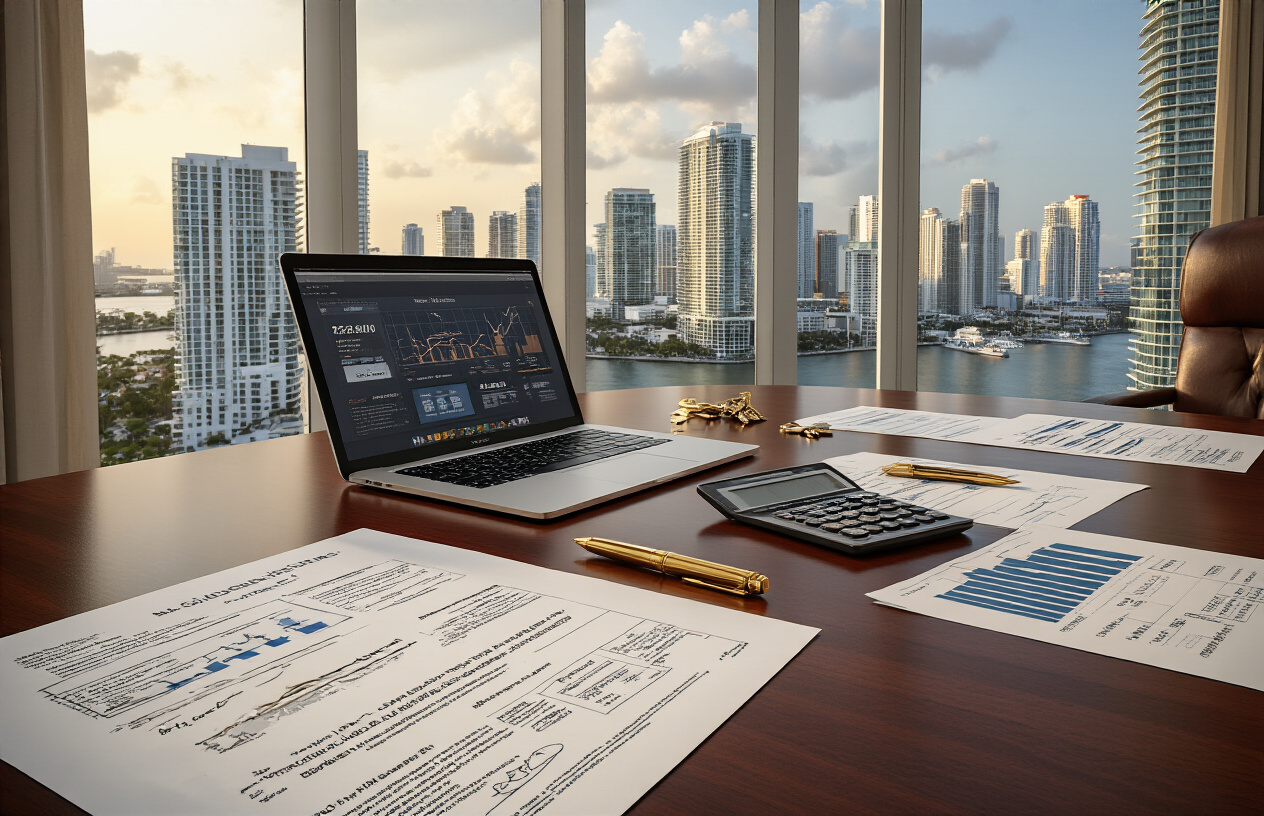 Create a realistic image of a sophisticated real estate office scene featuring a polished mahogany conference table with multiple property documents, legal contracts, and financial charts spread across the surface, with a sleek laptop displaying property market analytics, elegant gold pen, calculator, and keys to luxury properties, set against floor-to-ceiling windows overlooking Miami's downtown skyline with modern high-rise buildings and waterfront views, featuring warm natural lighting streaming through the windows creating a professional and upscale atmosphere that conveys successful real estate transactions and investment opportunities, absolutely NO text should be in the scene.