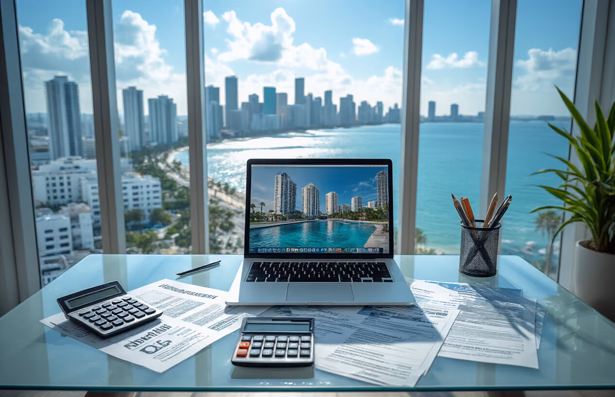 Create a realistic image of a modern glass desk with financial documents, calculator, laptop computer, and Miami real estate brochures spread across the surface, featuring a split-screen view showing vacation rental property keys on one side and fractional ownership contracts on the other, set in a bright contemporary office with floor-to-ceiling windows overlooking Miami's skyline and ocean, natural daylight streaming in creating a professional business atmosphere, absolutely NO text should be in the scene.