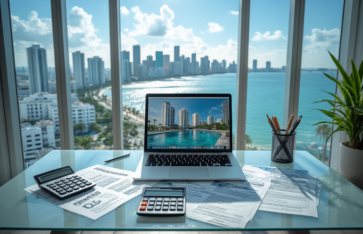 Create a realistic image of a modern glass desk with financial documents, calculator, laptop computer, and Miami real estate brochures spread across the surface, featuring a split-screen view showing vacation rental property keys on one side and fractional ownership contracts on the other, set in a bright contemporary office with floor-to-ceiling windows overlooking Miami's skyline and ocean, natural daylight streaming in creating a professional business atmosphere, absolutely NO text should be in the scene.