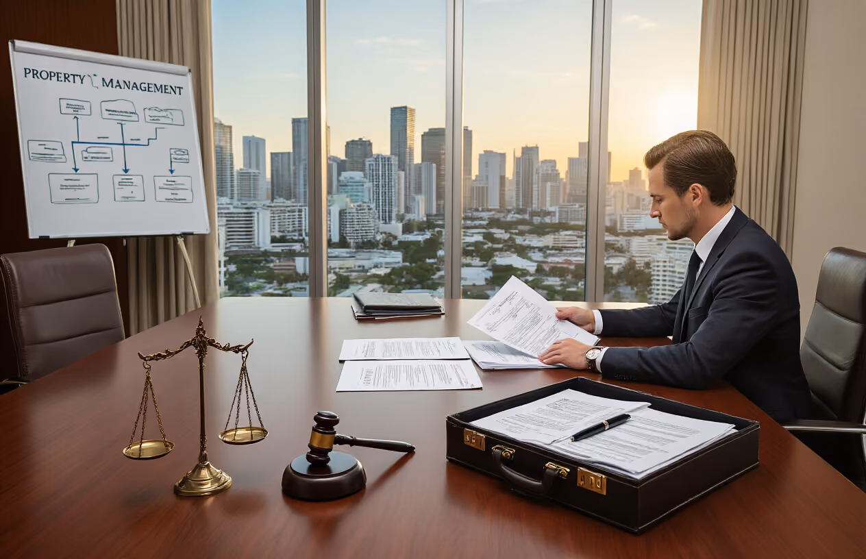 Create a realistic image of a modern conference room with a large mahogany table where a white male lawyer in a dark suit is reviewing legal documents and contracts spread across the table, with a briefcase open nearby containing more paperwork, a gavel and legal scales positioned on the table, floor-to-ceiling windows showing Miami's skyline in the background, warm natural lighting creating a professional atmosphere, and a whiteboard with property management flowcharts visible on the wall, absolutely NO text should be in the scene.