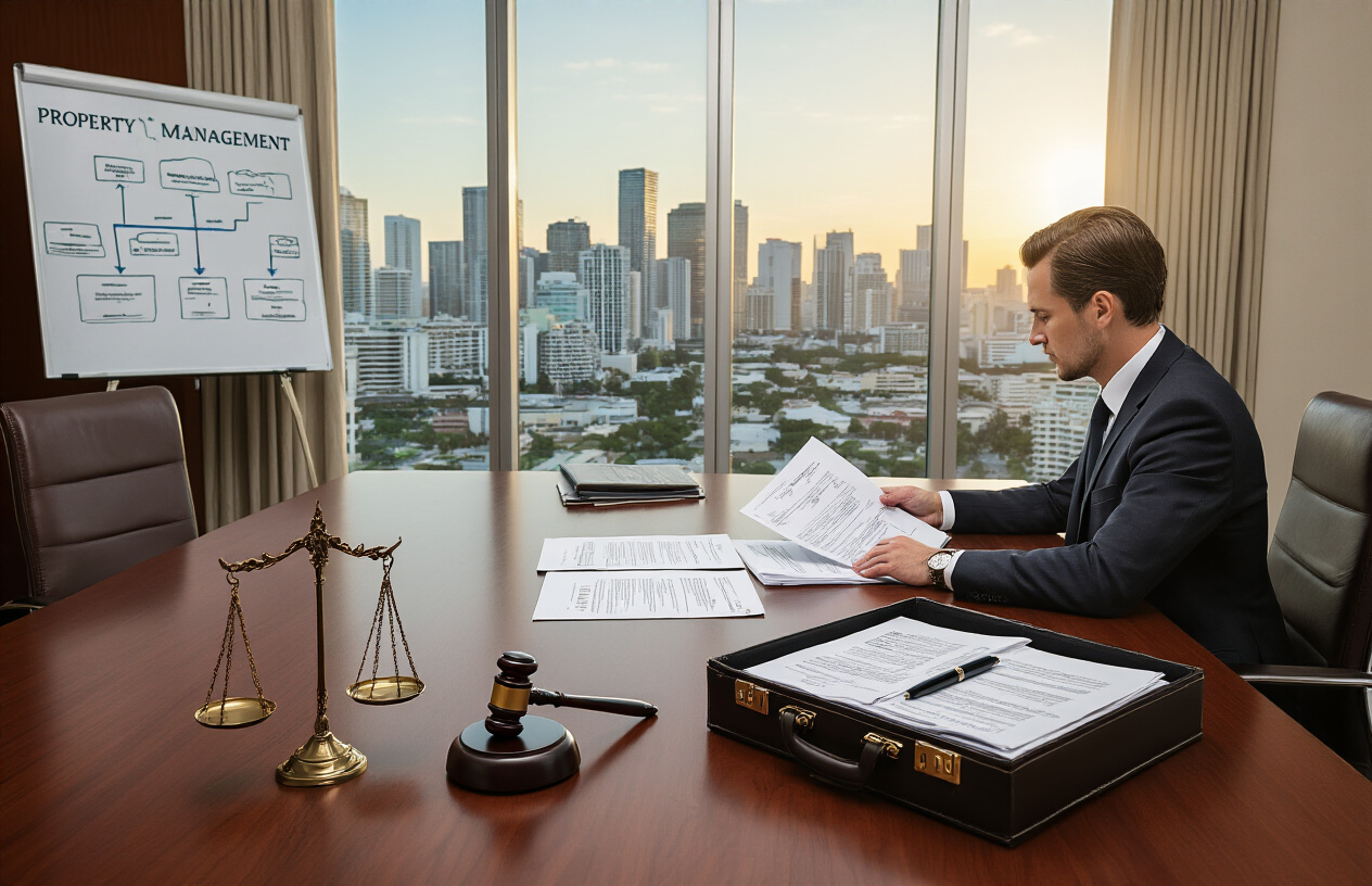 Create a realistic image of a modern conference room with a large mahogany table where a white male lawyer in a dark suit is reviewing legal documents and contracts spread across the table, with a briefcase open nearby containing more paperwork, a gavel and legal scales positioned on the table, floor-to-ceiling windows showing Miami's skyline in the background, warm natural lighting creating a professional atmosphere, and a whiteboard with property management flowcharts visible on the wall, absolutely NO text should be in the scene.