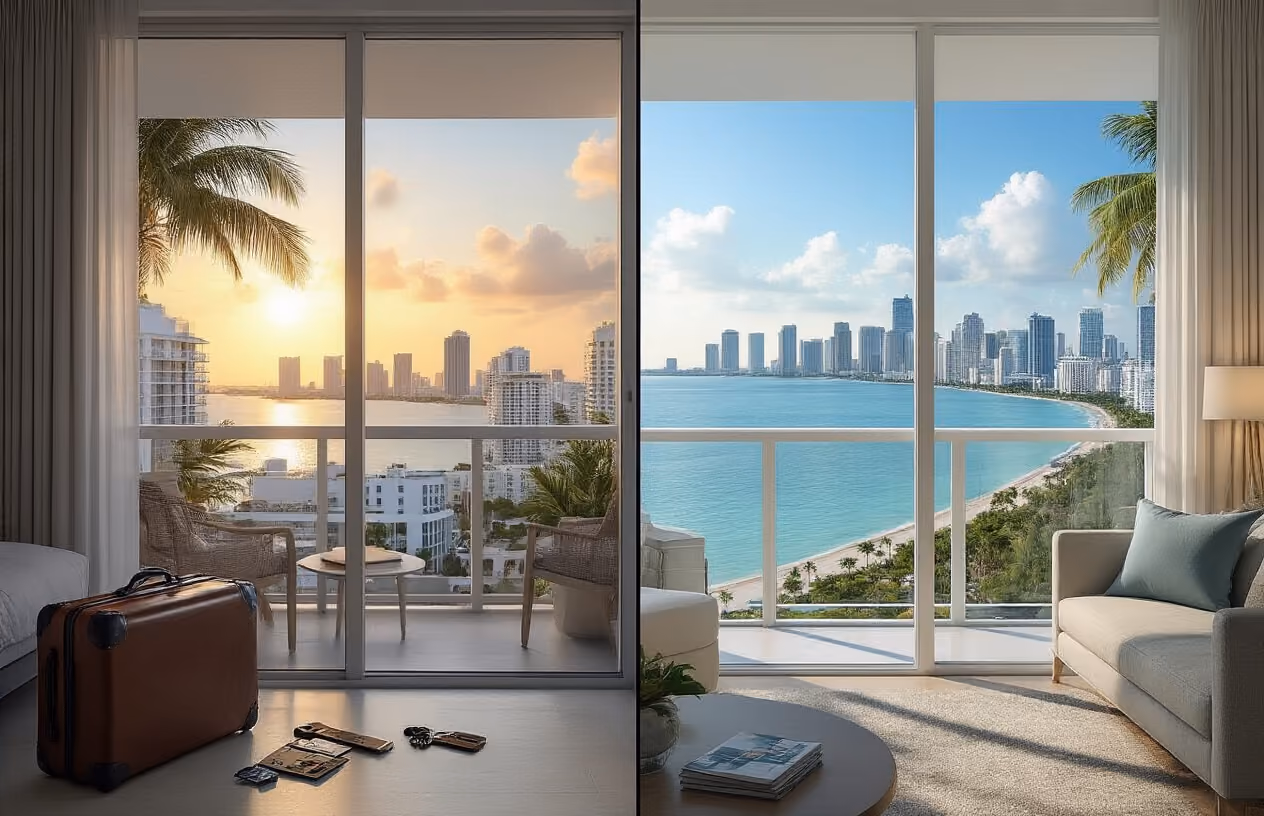 Create a realistic image of a split-screen comparison showing two distinct Miami property scenarios: on the left side, a modern vacation rental apartment with temporary luggage, rental keys on a table, and booking documents, while the right side displays a luxurious fractional ownership condo with permanent personal belongings, ownership certificates, and upscale furnishings, both featuring floor-to-ceiling windows overlooking Miami's skyline and ocean, with bright natural lighting highlighting the contrast between temporary rental living and permanent ownership lifestyle, set against Miami's iconic Art Deco architecture and palm trees visible in the background, absolutely NO text should be in the scene.