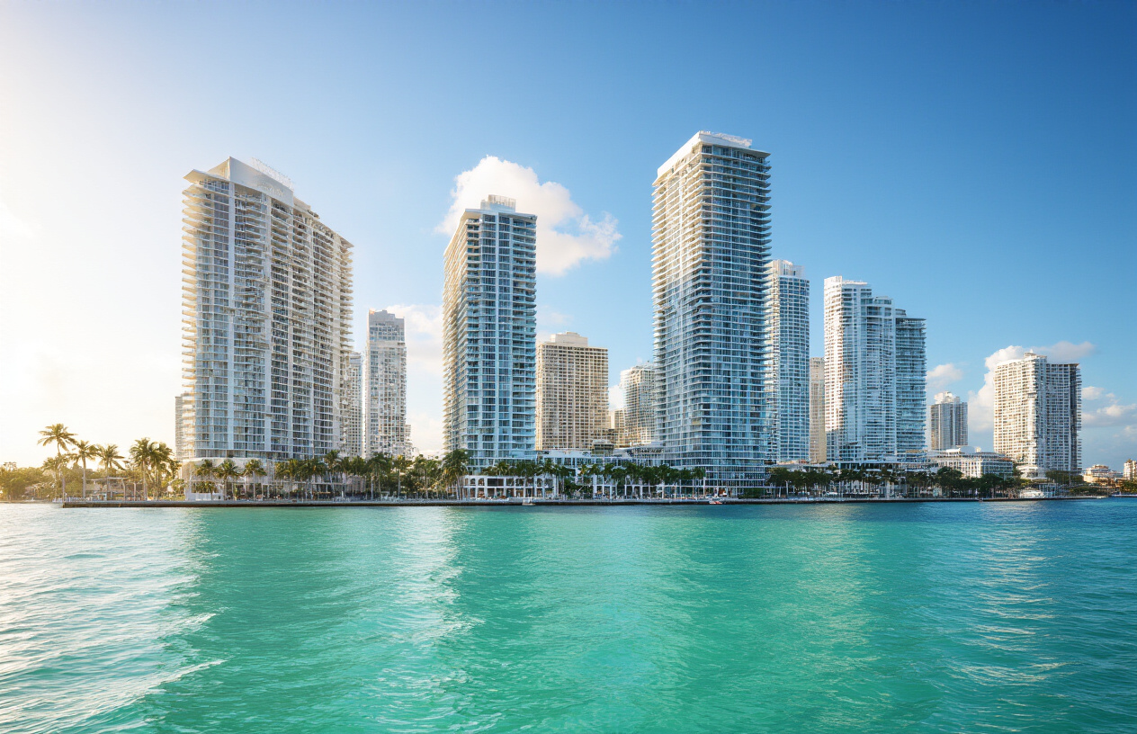 Create a realistic image of Miami's iconic downtown skyline featuring modern luxury high-rise condominiums and hotels along Biscayne Bay, with pristine turquoise waters in the foreground, palm trees lining the waterfront, and a bright sunny day with clear blue skies, showcasing the premium real estate market characteristics of Miami's vacation rental and fractional ownership properties, captured from a water-level perspective that emphasizes the coastal luxury lifestyle and urban sophistication of the area, with warm golden lighting that highlights the glass facades of the buildings reflecting the tropical atmosphere, absolutely NO text should be in the scene.