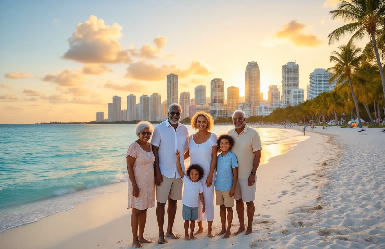 Create a realistic image of a happy multi-generational family with white parents, black grandparents, and mixed-race children of various ages standing together on a pristine Miami beach at golden hour, with the iconic Miami skyline featuring colorful Art Deco buildings and modern skyscrapers in the background, palm trees swaying gently, crystal clear turquoise ocean water, soft warm lighting from the setting sun casting a golden glow over the scene, family members wearing casual beach attire and smiling while some point toward the city skyline, creating a warm and inviting atmosphere that captures the essence of memorable family vacations and the allure of returning to this beautiful destination year after year, absolutely NO text should be in the scene.