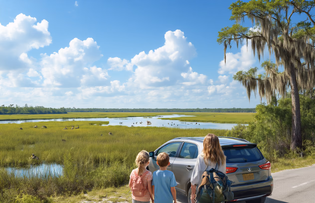 Create a realistic image of a family of four (two white adults and two children) standing beside their rental car at a scenic overlook, looking out towards the Everglades wetlands with lush green marshlands, distant cypress trees, and wildlife visible in the background, under bright Florida sunshine with blue skies and white clouds, capturing the essence of exploring natural areas beyond Miami's urban landscape, with the family appearing excited and engaged in their day trip adventure, absolutely NO text should be in the scene.
