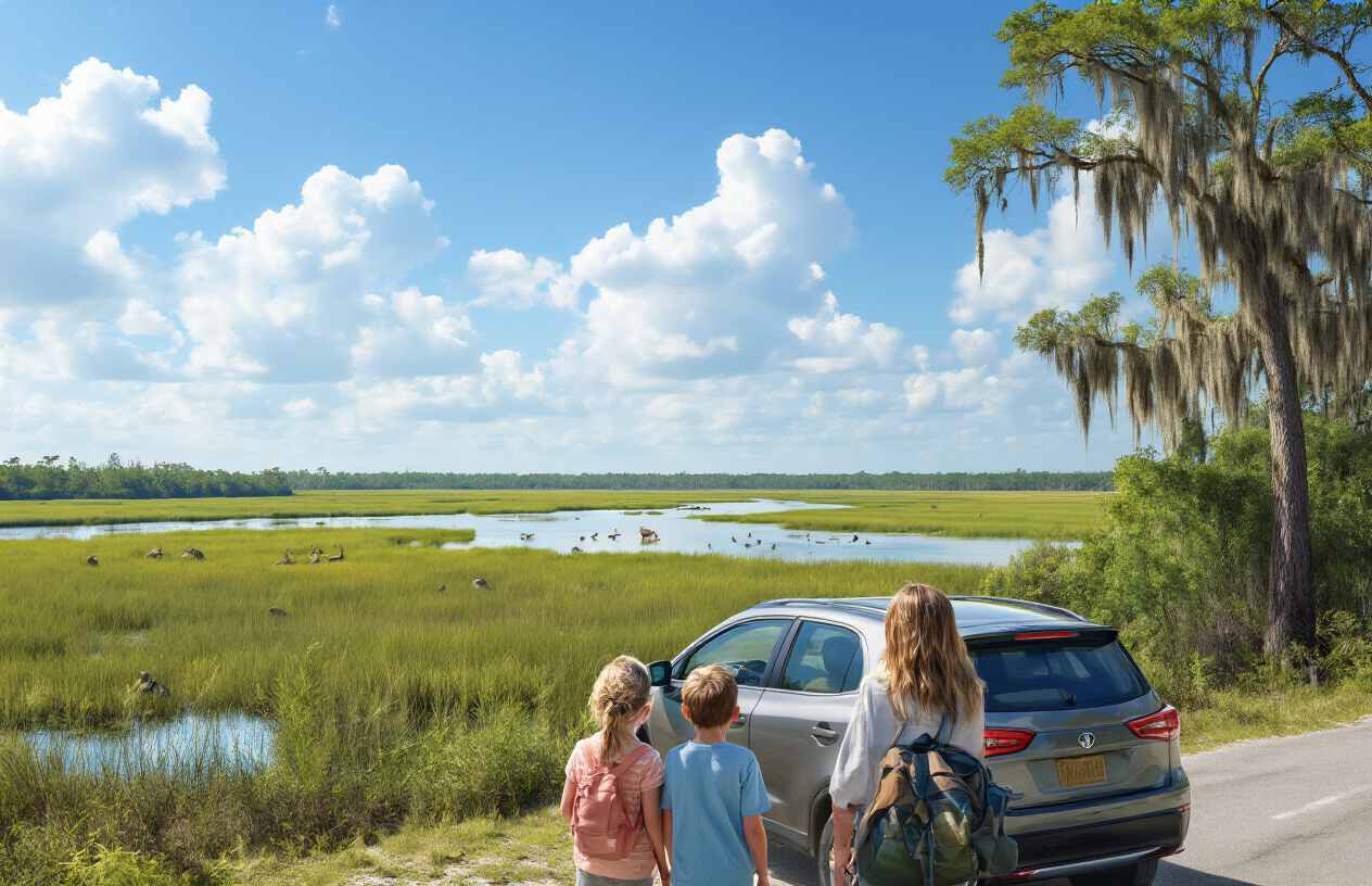 Create a realistic image of a family of four (two white adults and two children) standing beside their rental car at a scenic overlook, looking out towards the Everglades wetlands with lush green marshlands, distant cypress trees, and wildlife visible in the background, under bright Florida sunshine with blue skies and white clouds, capturing the essence of exploring natural areas beyond Miami's urban landscape, with the family appearing excited and engaged in their day trip adventure, absolutely NO text should be in the scene.
