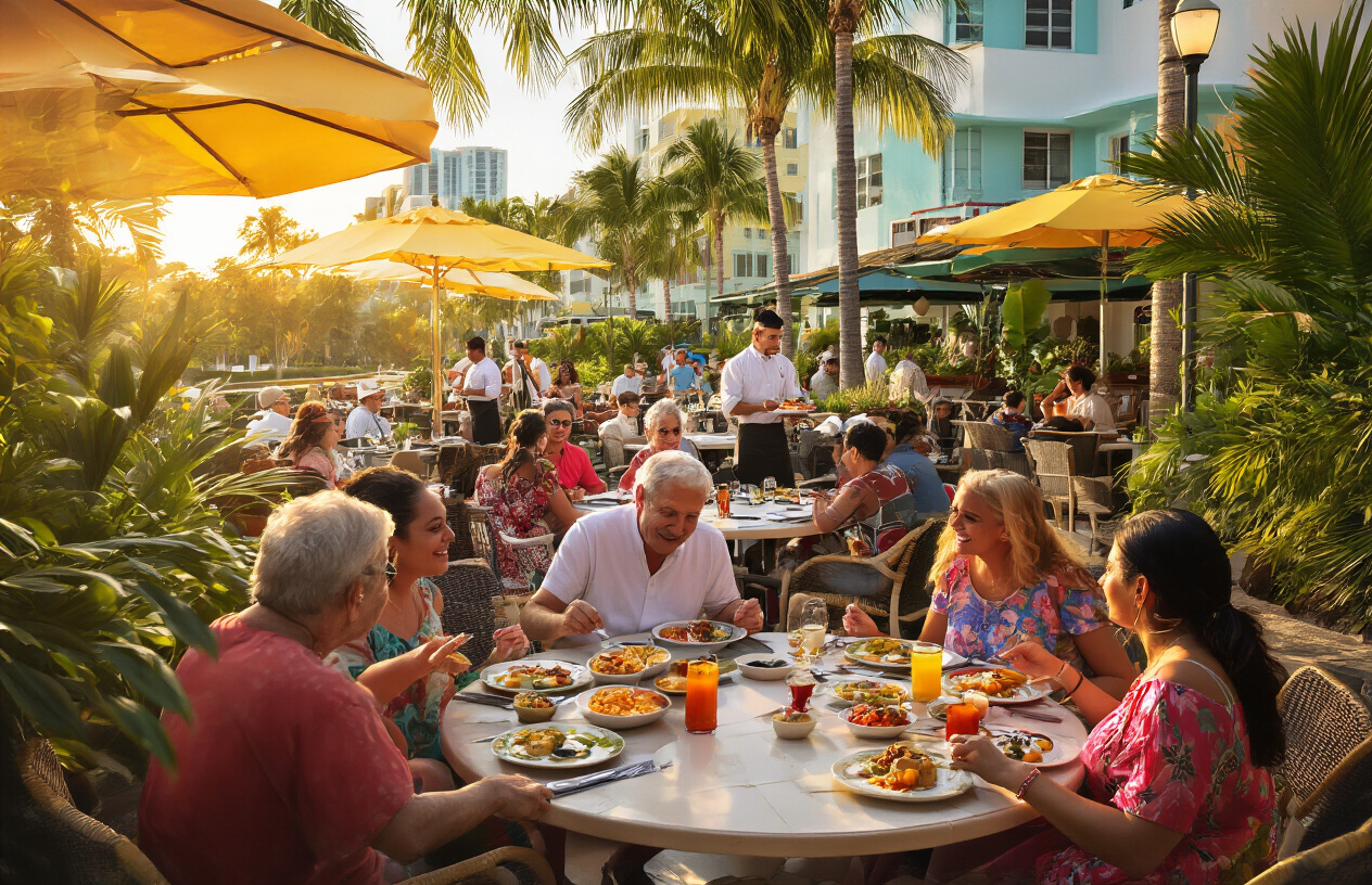 Create a realistic image of a vibrant outdoor restaurant patio in Miami with diverse families enjoying meals together, featuring a multi-generational white family and a Hispanic family with children seated at separate tables, colorful Latin American and Caribbean dishes displayed on the tables, tropical palm trees and Art Deco architecture visible in the background, warm golden hour lighting creating a welcoming atmosphere, waitstaff serving food, and lush greenery surrounding the dining area, absolutely NO text should be in the scene.