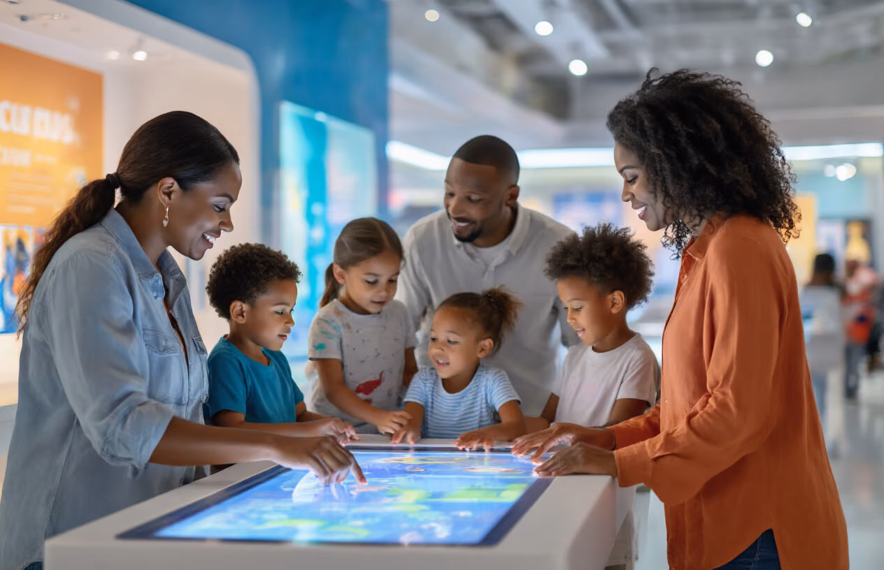 Create a realistic image of a diverse family group including white and black adults and children of various ages exploring an interactive science exhibit at a modern Miami family attraction, with kids touching digital displays and educational installations, parents watching and engaging with the activities, bright indoor lighting illuminating colorful educational displays and hands-on learning stations, conveying an atmosphere of discovery and family bonding in an upscale entertainment venue, absolutely NO text should be in the scene.