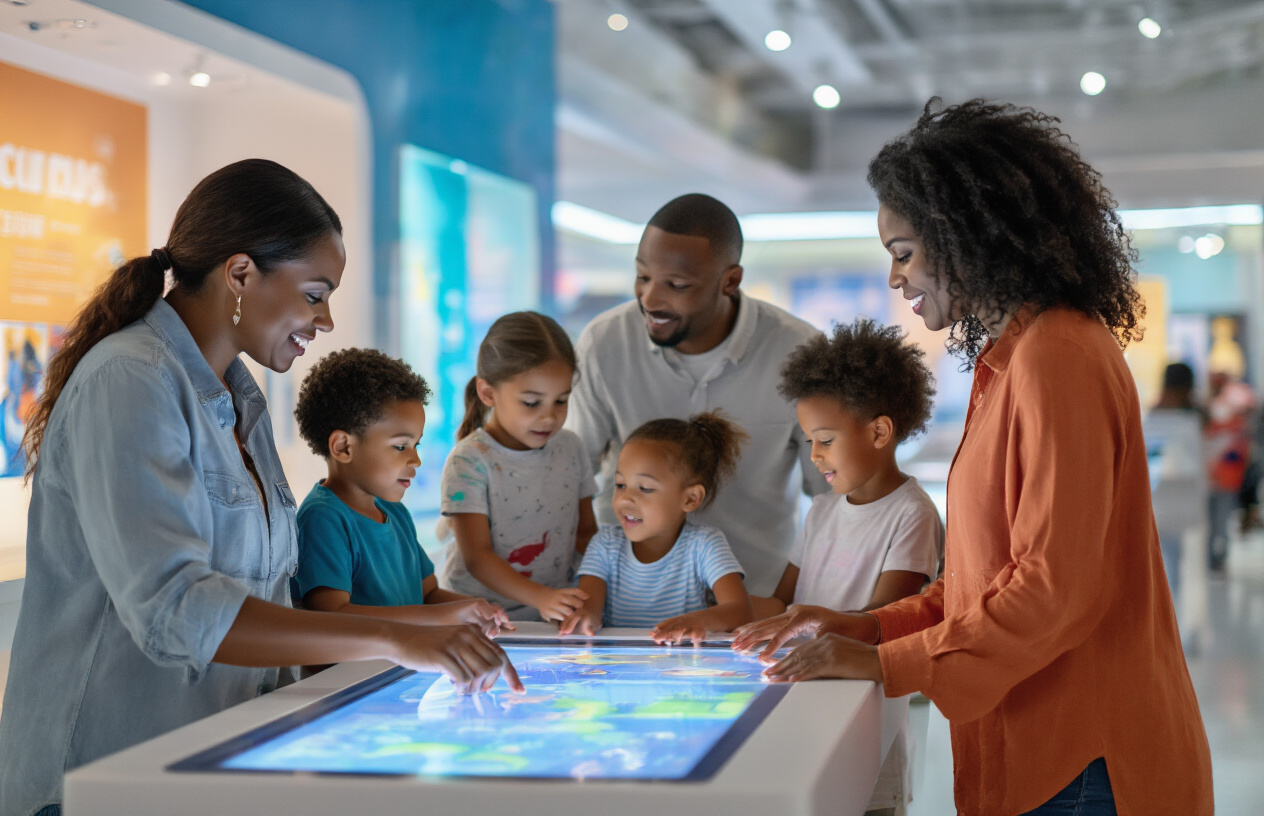 Create a realistic image of a diverse family group including white and black adults and children of various ages exploring an interactive science exhibit at a modern Miami family attraction, with kids touching digital displays and educational installations, parents watching and engaging with the activities, bright indoor lighting illuminating colorful educational displays and hands-on learning stations, conveying an atmosphere of discovery and family bonding in an upscale entertainment venue, absolutely NO text should be in the scene.
