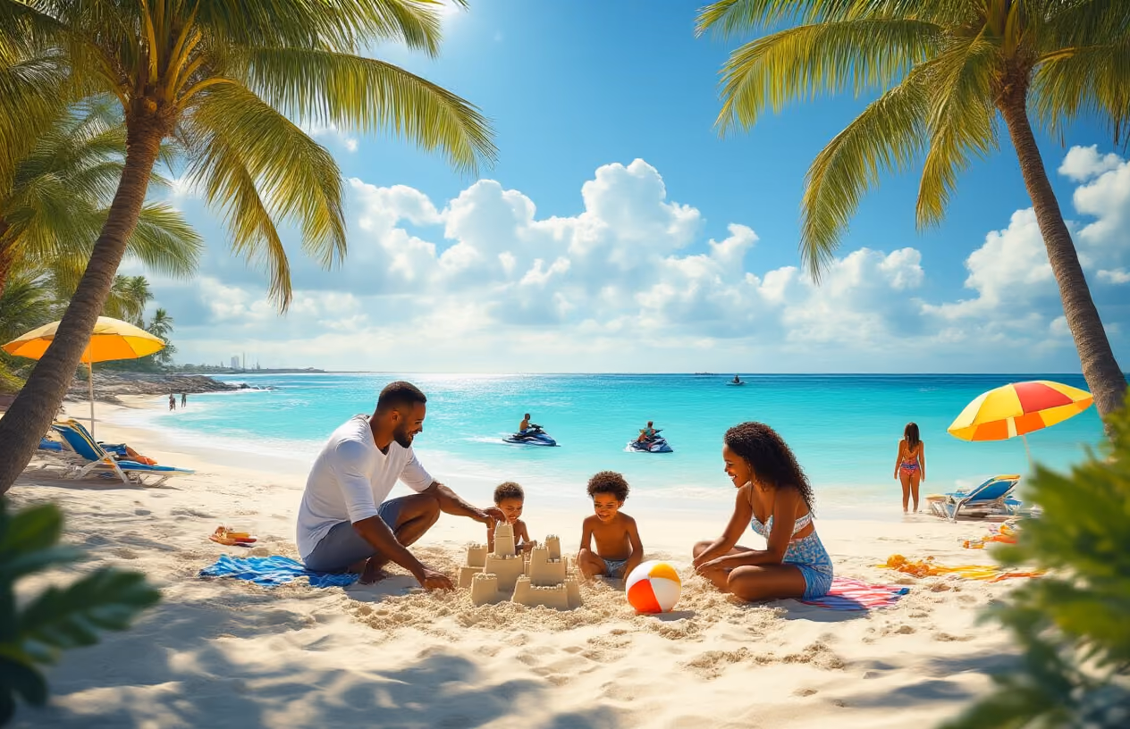 Create a realistic image of a beautiful Miami beach scene with crystal clear turquoise water and pristine white sand, featuring a diverse family of four - a white male father, black female mother, and two mixed-race children (one boy, one girl aged 8-12) - enjoying various beach activities like building sandcastles, playing with a beach ball, and splashing in the shallow waves, with tall swaying palm trees framing the scene, colorful beach umbrellas and chairs scattered nearby, jet skis visible in the distance on the ocean, bright sunny sky with few puffy white clouds, warm golden sunlight creating a cheerful tropical atmosphere, and the iconic Miami skyline faintly visible on the horizon, absolutely NO text should be in the scene.
