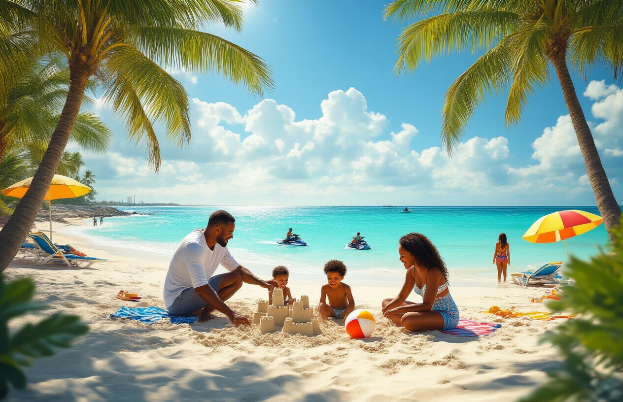 Create a realistic image of a beautiful Miami beach scene with crystal clear turquoise water and pristine white sand, featuring a diverse family of four - a white male father, black female mother, and two mixed-race children (one boy, one girl aged 8-12) - enjoying various beach activities like building sandcastles, playing with a beach ball, and splashing in the shallow waves, with tall swaying palm trees framing the scene, colorful beach umbrellas and chairs scattered nearby, jet skis visible in the distance on the ocean, bright sunny sky with few puffy white clouds, warm golden sunlight creating a cheerful tropical atmosphere, and the iconic Miami skyline faintly visible on the horizon, absolutely NO text should be in the scene.