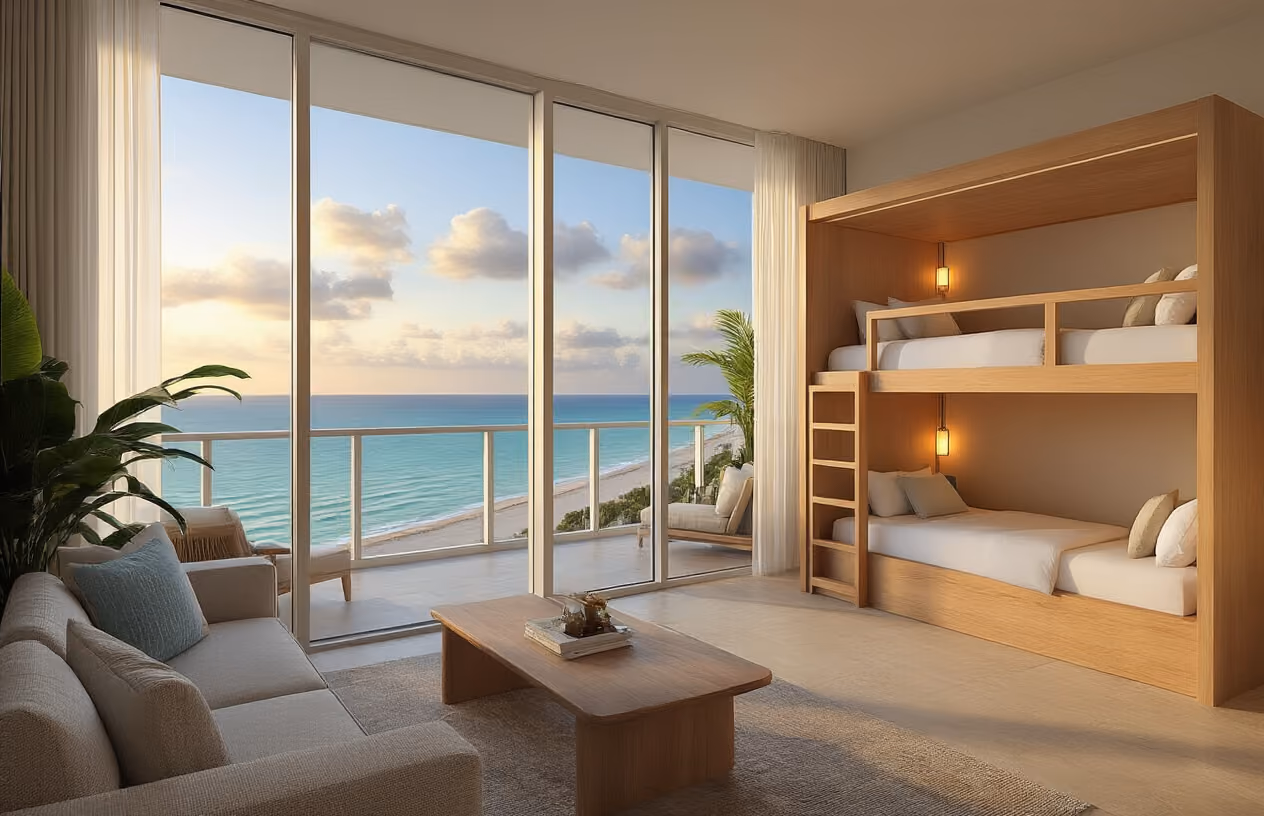 Create a realistic image of a luxurious family-friendly hotel suite in Miami with ocean views, featuring a spacious living area with modern furniture, a separate bedroom with bunk beds for children, floor-to-ceiling windows showcasing the Miami skyline and beach, warm natural lighting streaming through the windows, tropical plants as decor, and a balcony with outdoor seating overlooking the coastline, captured during golden hour with soft, inviting ambiance that emphasizes comfort and elegance perfect for family vacations, absolutely NO text should be in the scene.
