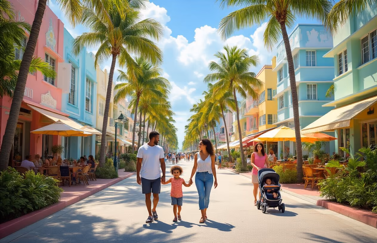 Create a realistic image of a vibrant Miami neighborhood street scene with colorful Art Deco buildings, palm trees lining the sidewalks, a diverse family with white parents and mixed-race children walking together looking happy and engaged, other families in the background including a black family with strollers, bright sunny Florida lighting casting gentle shadows, outdoor cafes with umbrellas, lush tropical landscaping, clean wide sidewalks perfect for family strolling, and a welcoming community atmosphere that showcases the family-friendly nature of Miami's neighborhoods, absolutely NO text should be in the scene.
